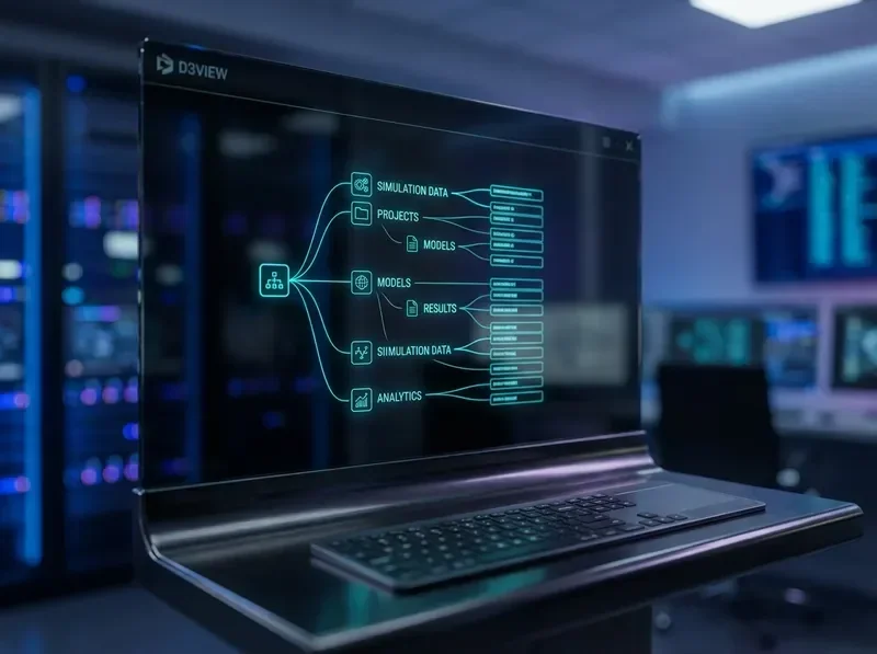 Simulation data management interface fragment with hierarchical data tree and cyan node connections