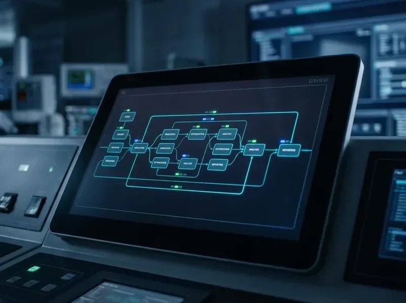 Process orchestration interface fragment with workflow nodes and cyan progress connectors