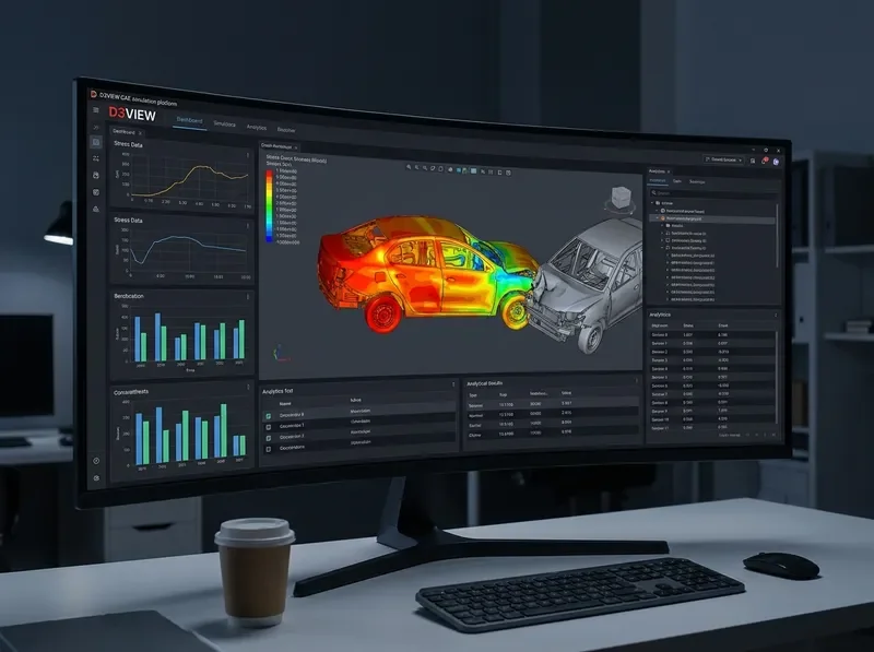 D3VIEW simulation platform dashboard with automotive crash analysis