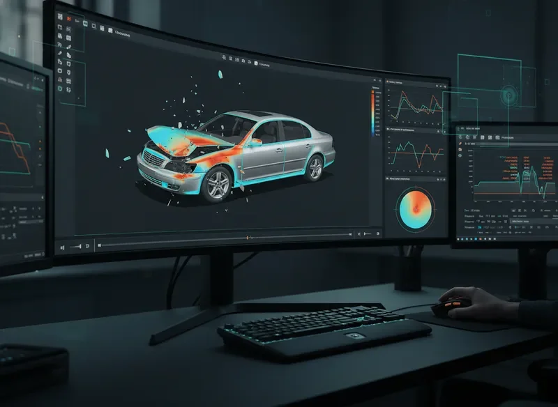 D3VIEW simulation platform interface showing vehicle crash analysis data panes