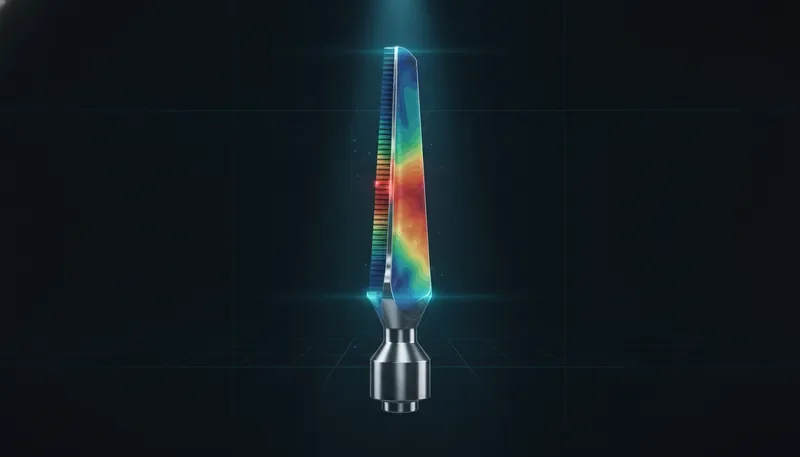 Aerospace engineering simulation with FEA stress contours on a turbine blade