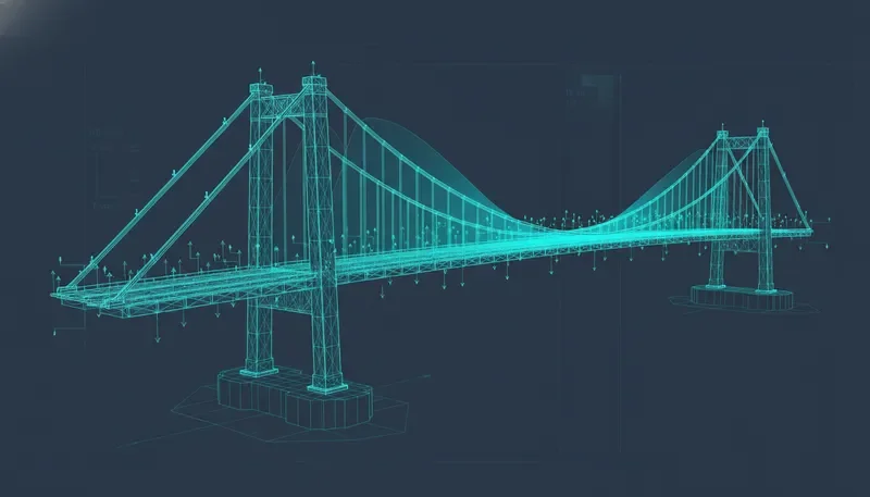 Civil engineering structural analysis of a suspension bridge with load distribution