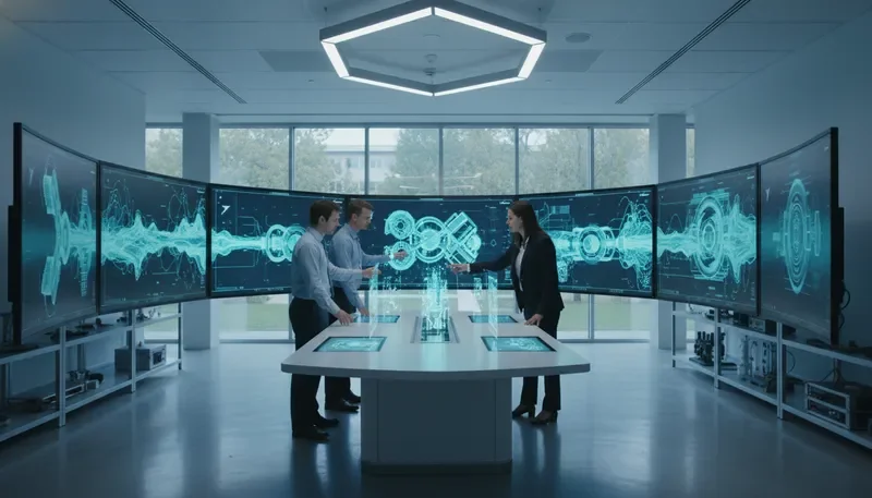 University research lab with engineering simulation displays and collaborative workspace