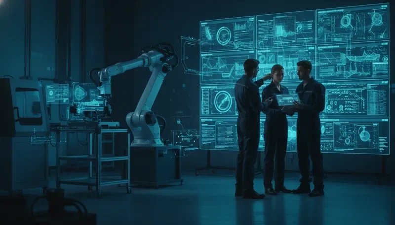 Industrial R&D team analyzing simulation data on large displays in a manufacturing facility